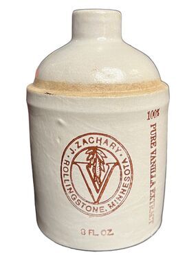ANTIQUE STONEWARE CROCK JUG Vanilla Extract Zachary Rollingstone Sticker 8 Oz